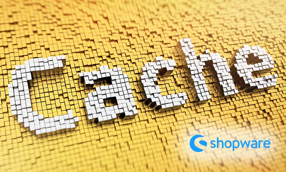 Das Wort Cache aus weißen Würfeln auf gelbem Grund, dazu das Shopware-Logo