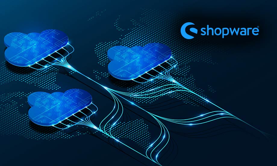 Drei stilisierte Datenwolken über einer Weltkarte, aus denen Lichtlinien herauslaufen, dazu das Shopware-Logo