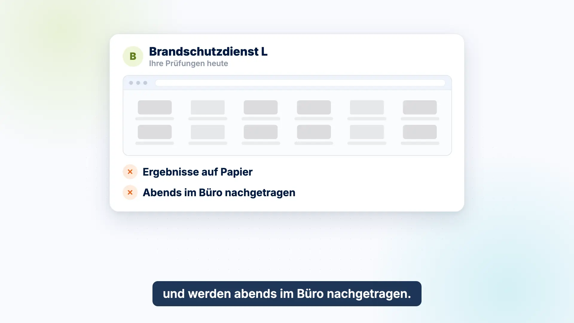 Vorschau des Erklärvideos: Ein Beispiel-Brandschutzdienst notiert Prüfergebnisse beim Kunden auf Papier und trägt sie abends im Büro nach.